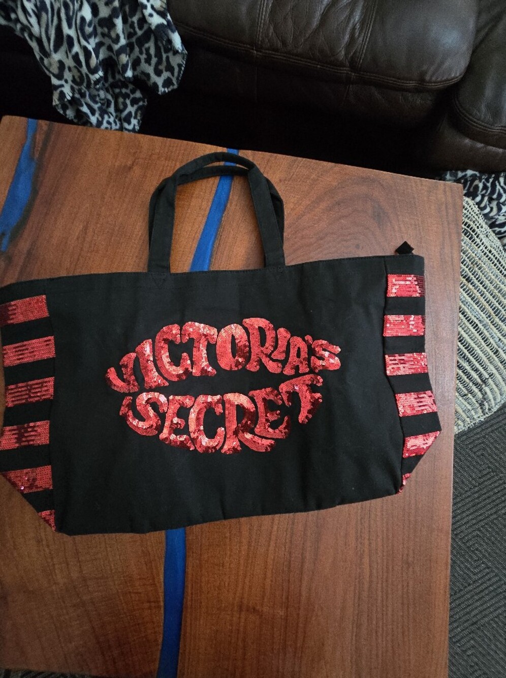 Victoria's Secret Black Tote with Red Sequin Logo and Striped Accents - Picture 5 of 9